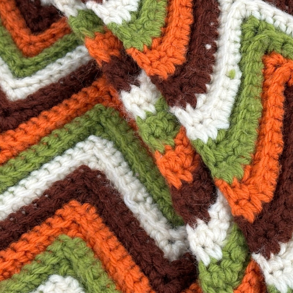 Vintage Zig Zag Chevron Crochet Throw Blanket Brown Orange Green White 50" x 45"